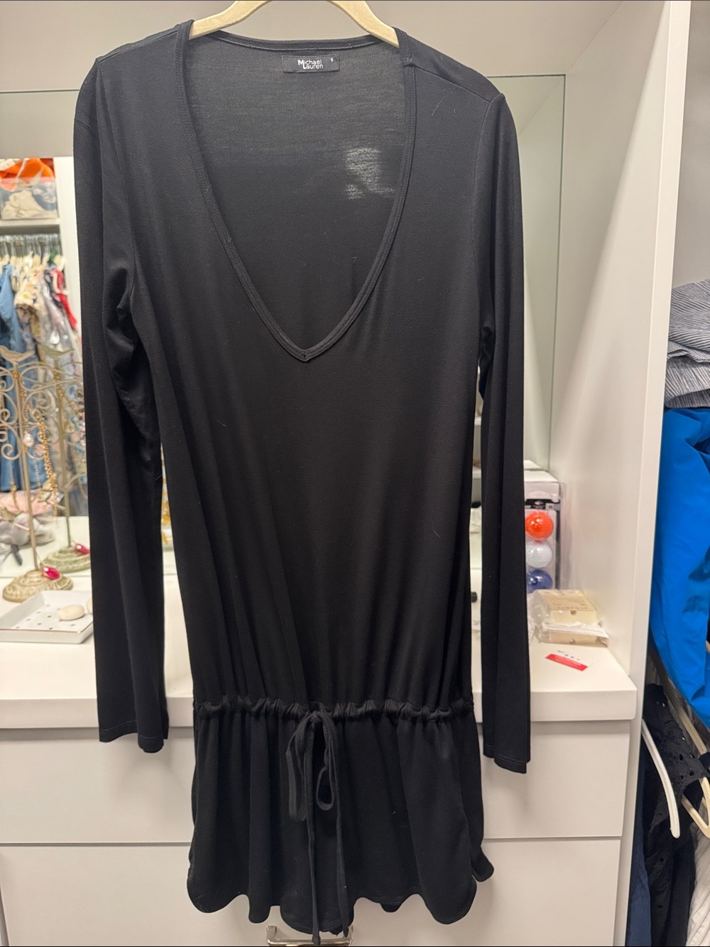 Michael Lauren Black V-Neck Long Sleeve Drawstring Waist Jumpsuit